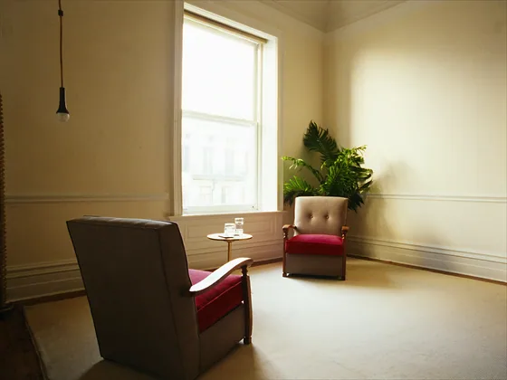 Two armchairs with crimson seats turned to face each other in a bright room, a small table with two glasses of water between them and a plant by the window